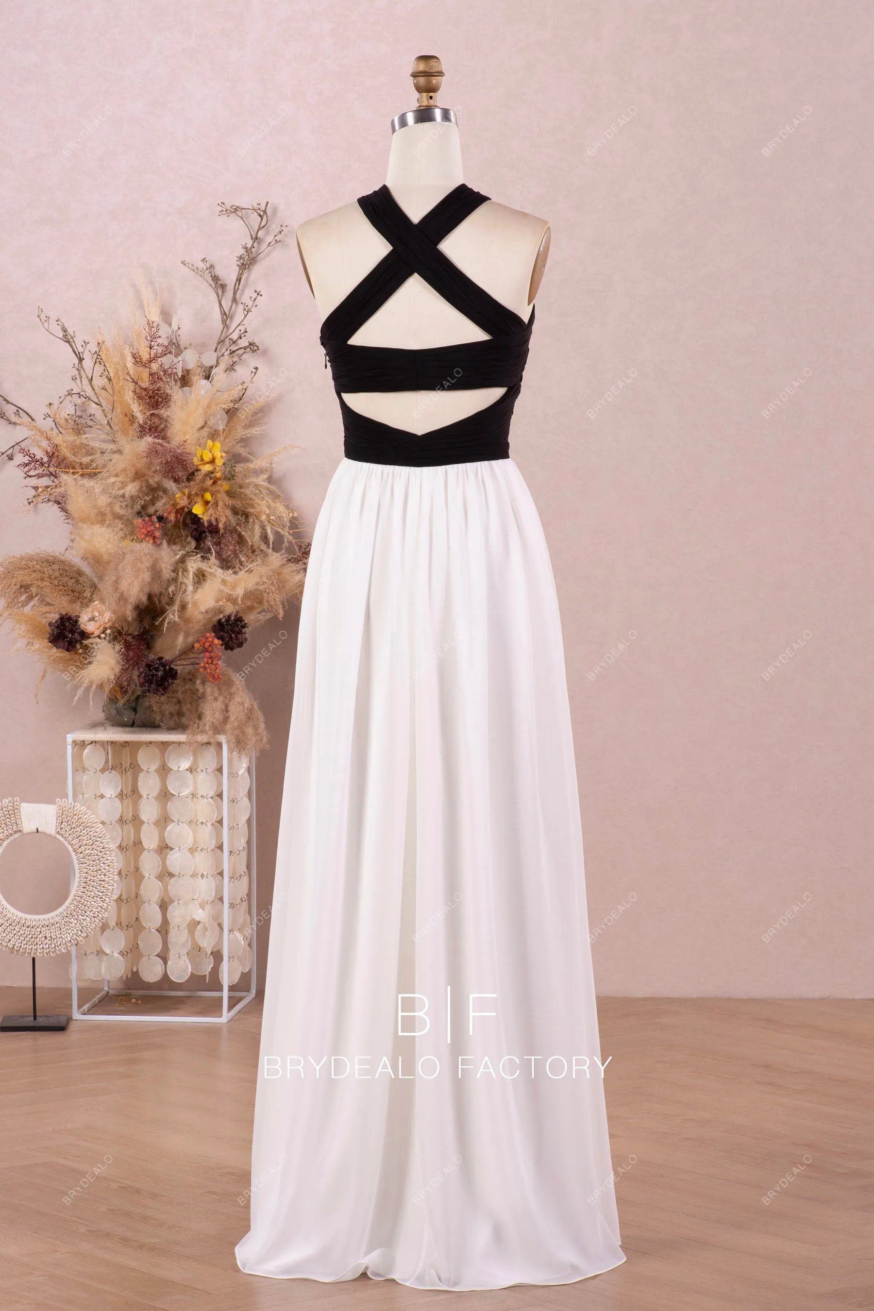 Unique Black White Chiffon Cutout Halter Convertible Dress