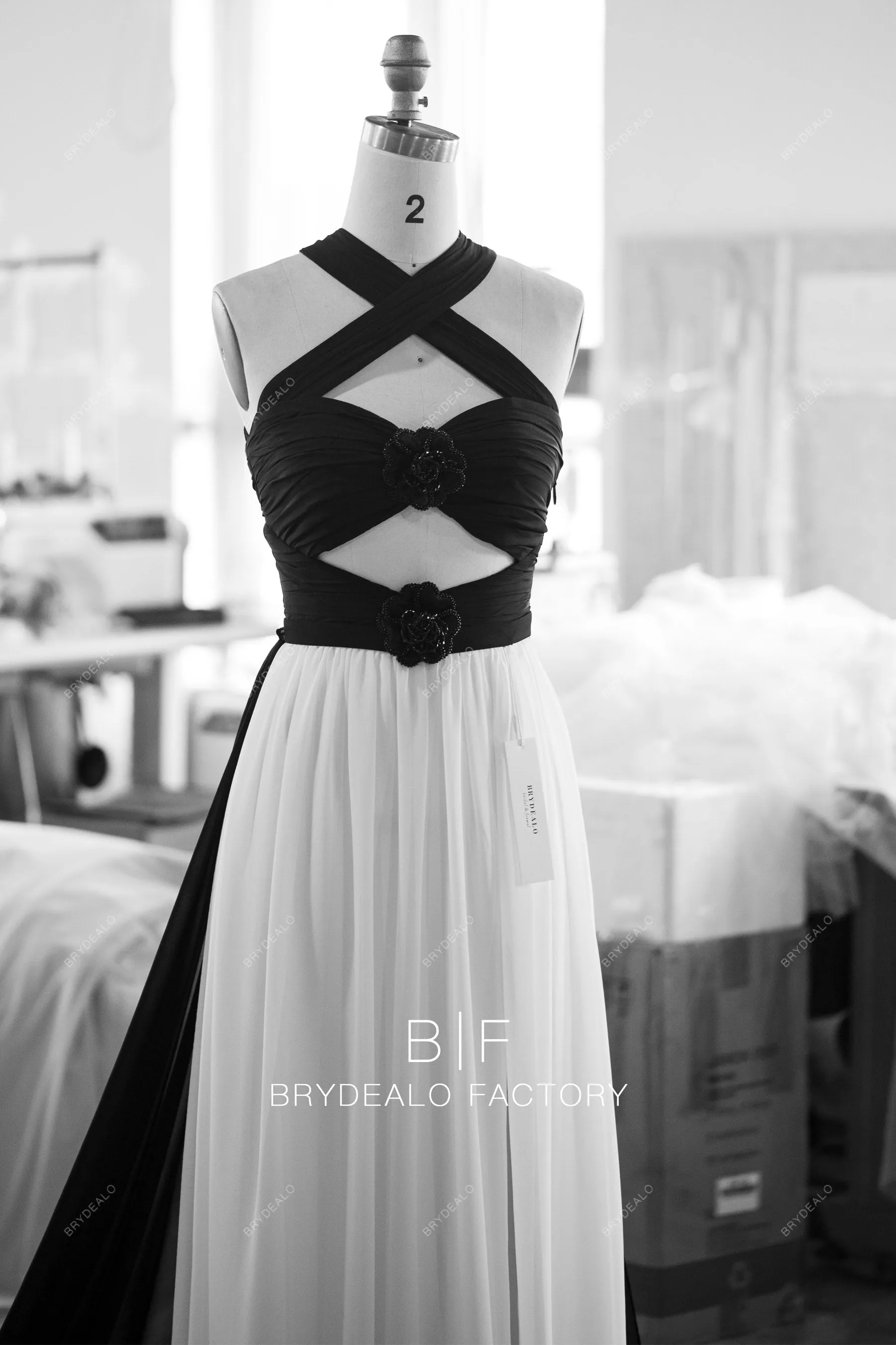 Unique Black White Chiffon Cutout Halter Convertible Dress