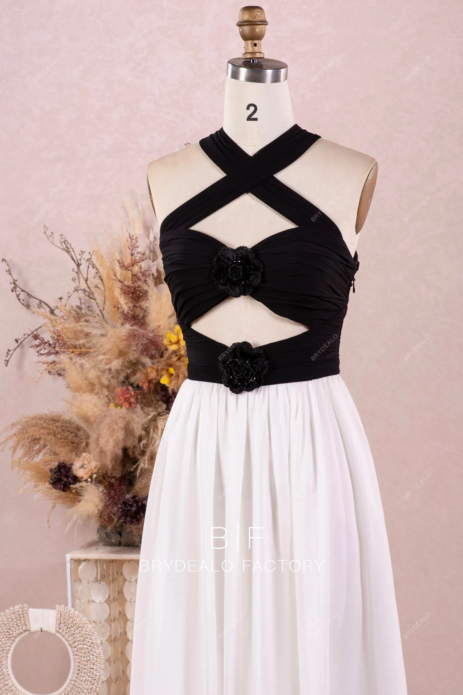 Unique Black White Chiffon Cutout Halter Convertible Dress