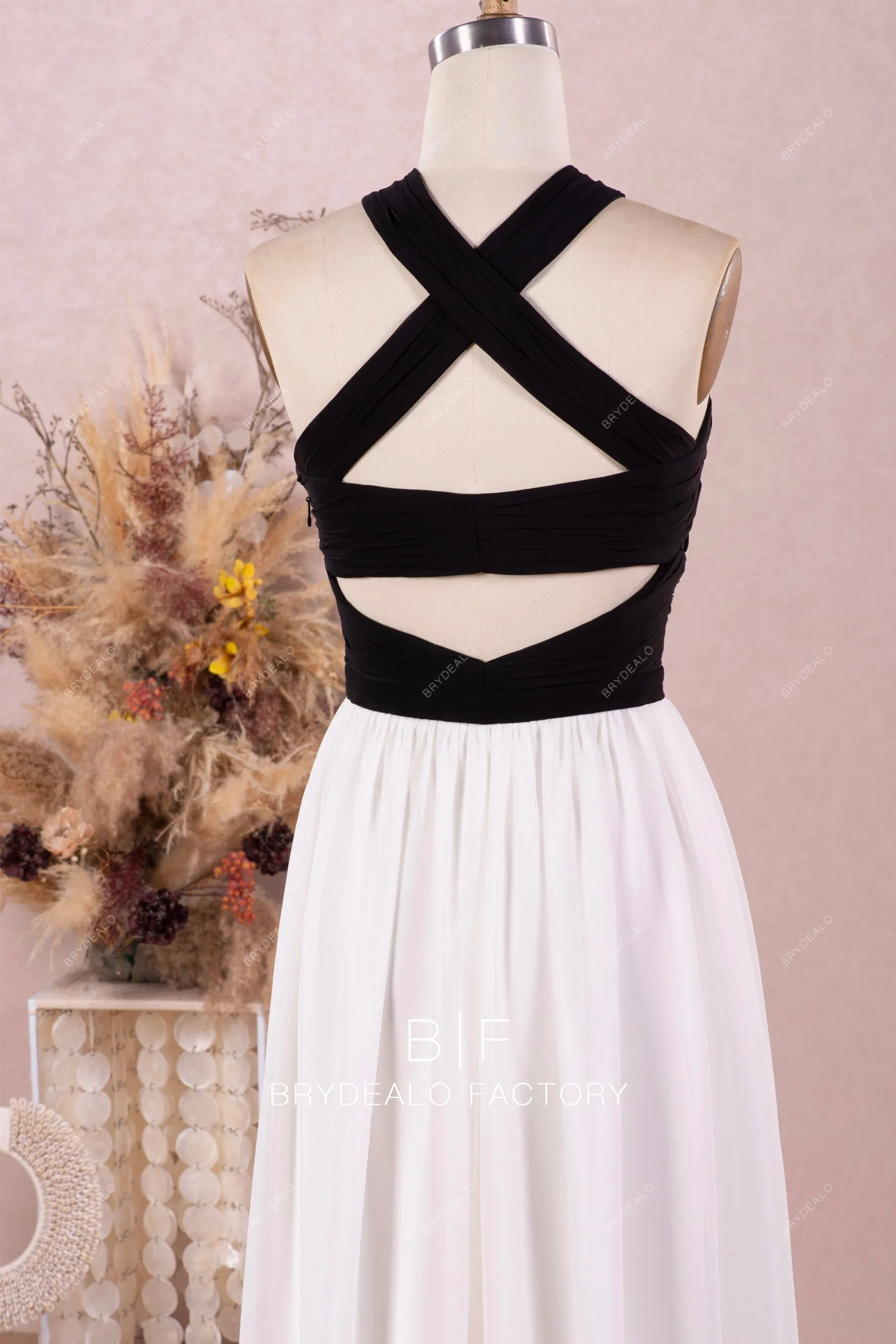 Unique Black White Chiffon Cutout Halter Convertible Dress