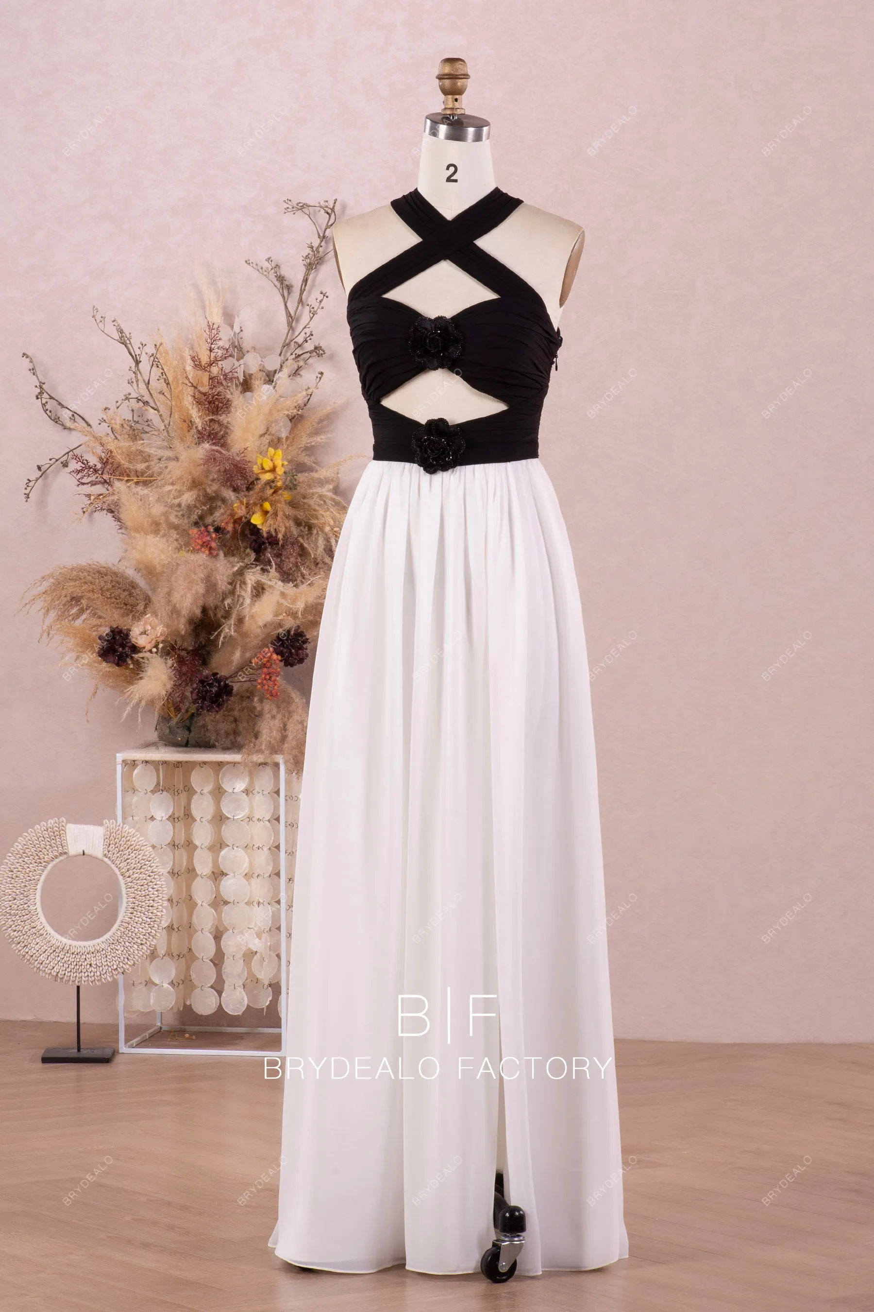 Unique Black White Chiffon Cutout Halter Convertible Dress