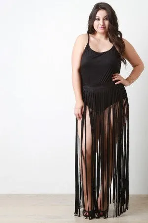 Vegan Suede Two Piece Fringe Maxi Dress