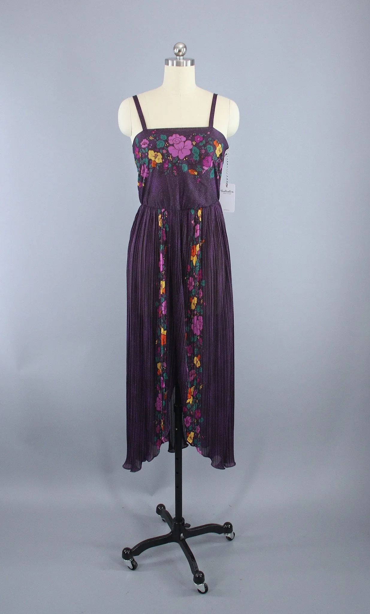 Vintage 1970s Chiffon Gauze Dress / Purple Floral Print