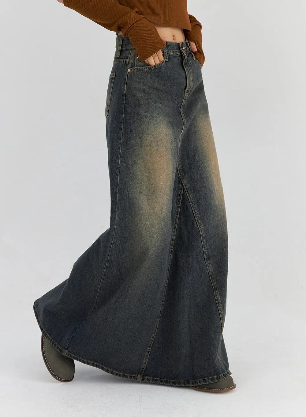 Vintage Wash Maxi Denim Skirt CS321