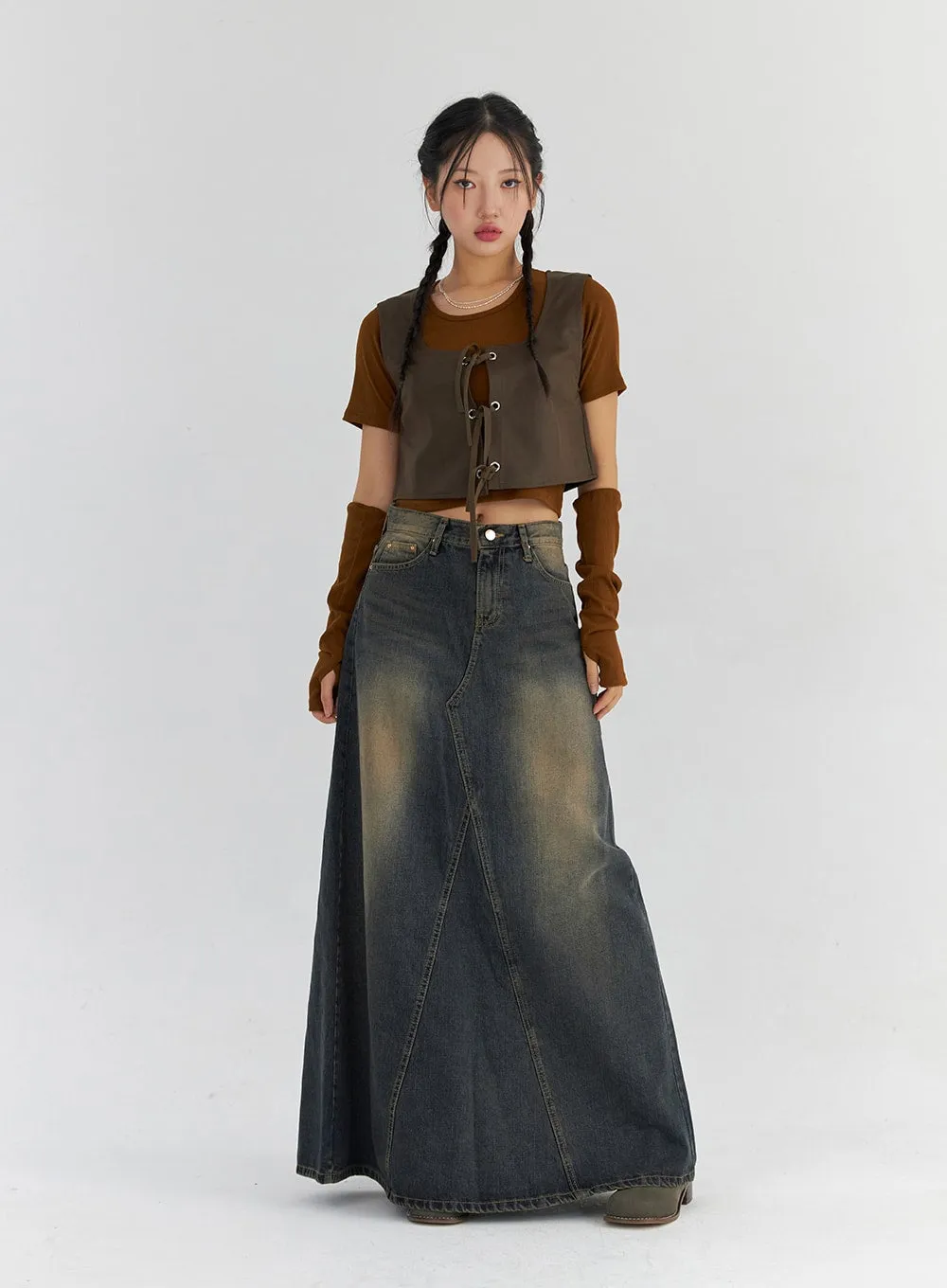 Vintage Wash Maxi Denim Skirt CS321