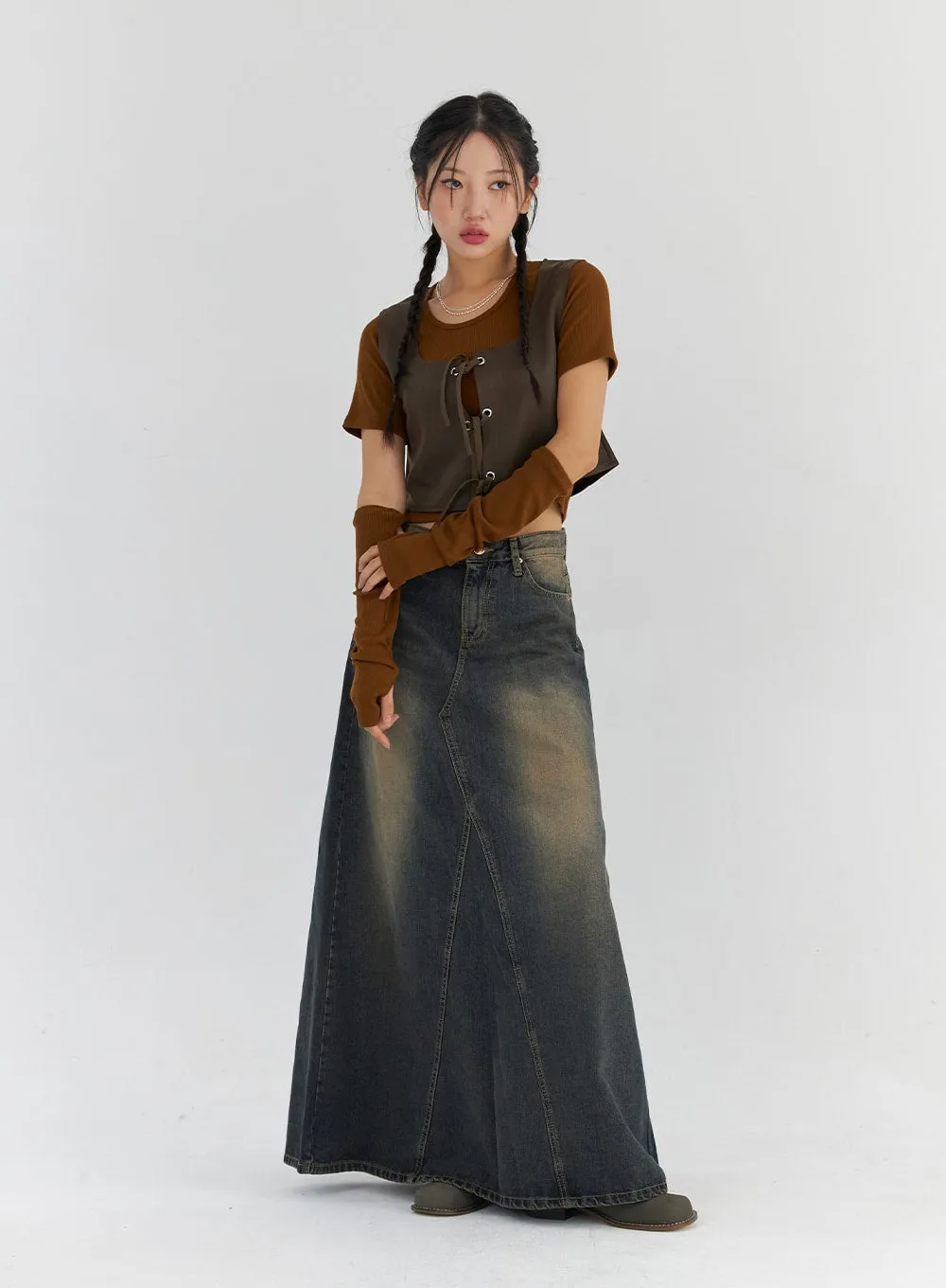 Vintage Wash Maxi Denim Skirt CS321