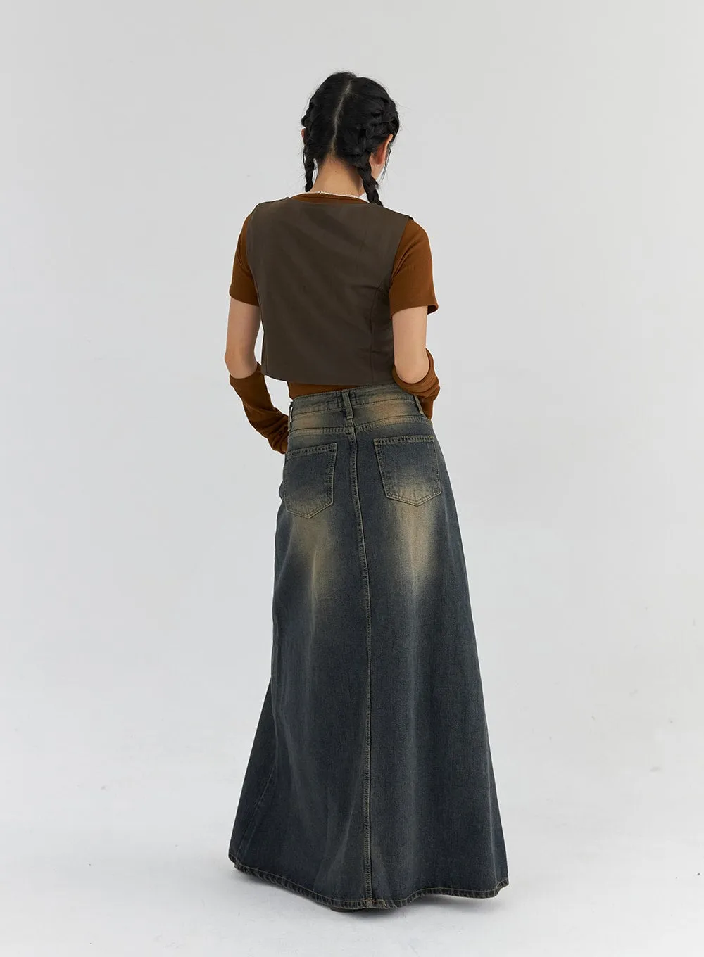 Vintage Wash Maxi Denim Skirt CS321