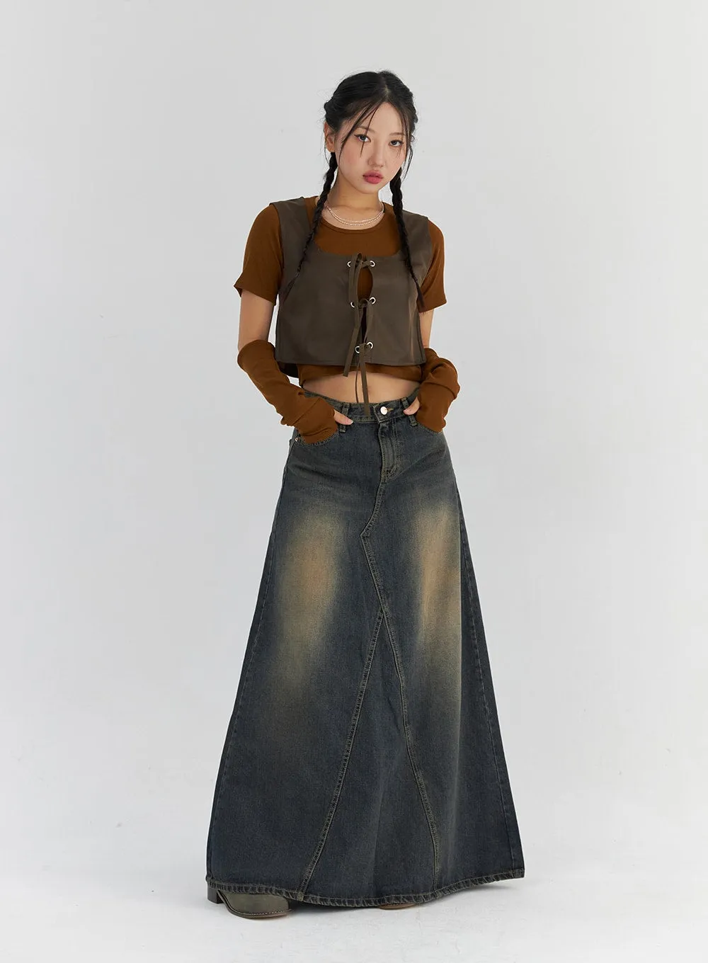 Vintage Wash Maxi Denim Skirt CS321