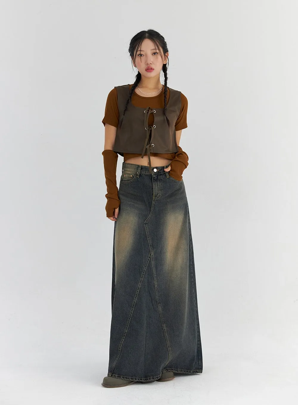 Vintage Wash Maxi Denim Skirt CS321