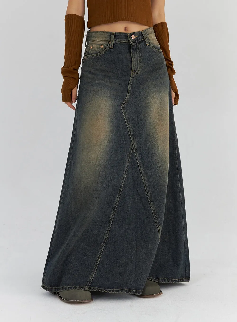 Vintage Wash Maxi Denim Skirt CS321