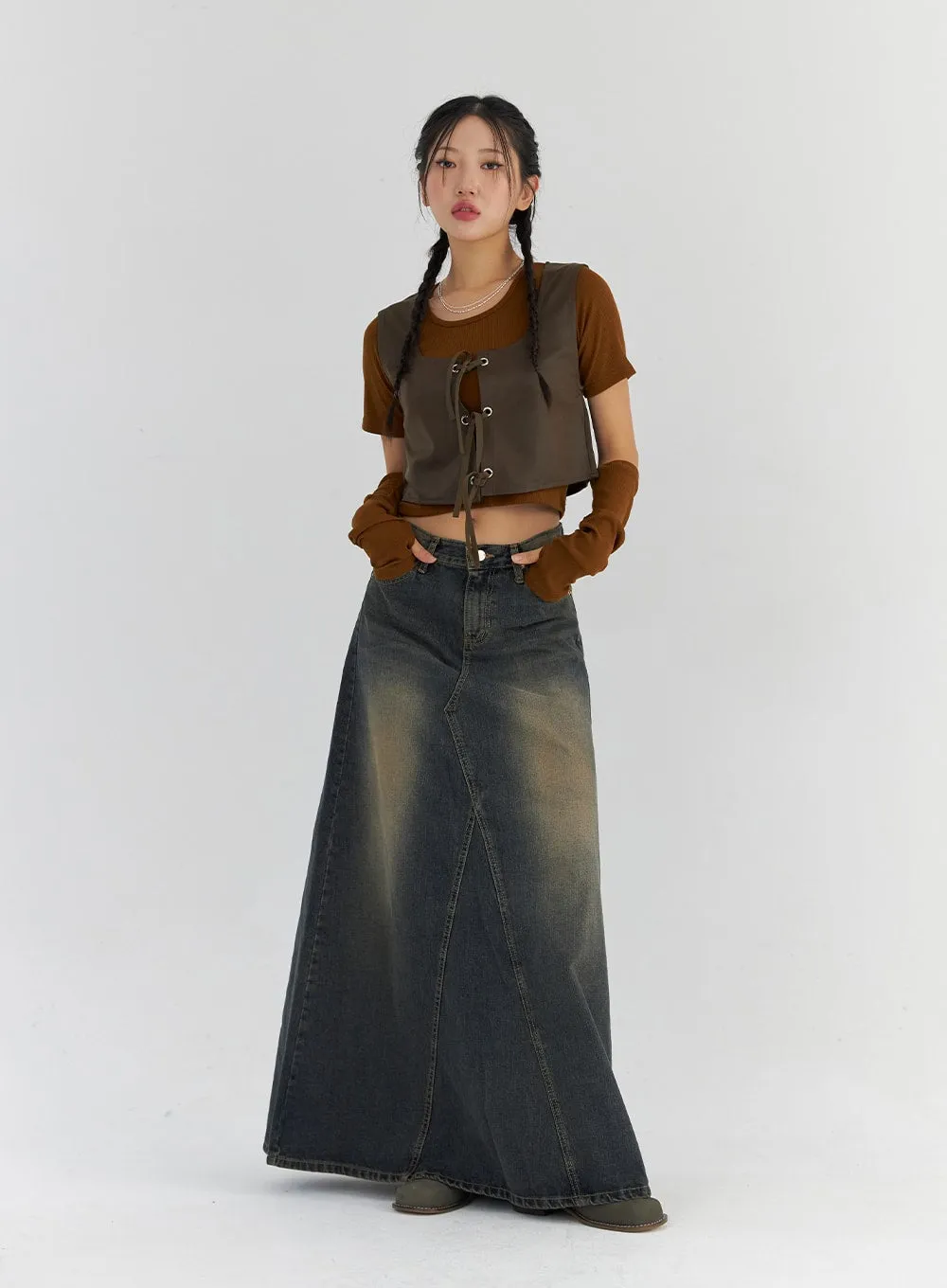 Vintage Wash Maxi Denim Skirt CS321