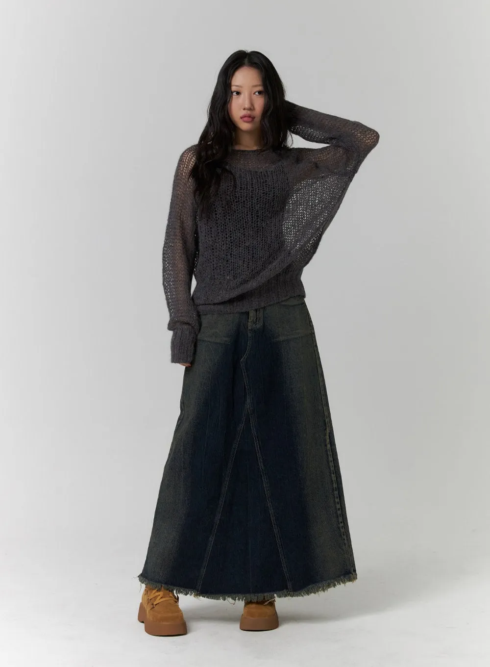 Washed Denim Maxi Skirt CD318