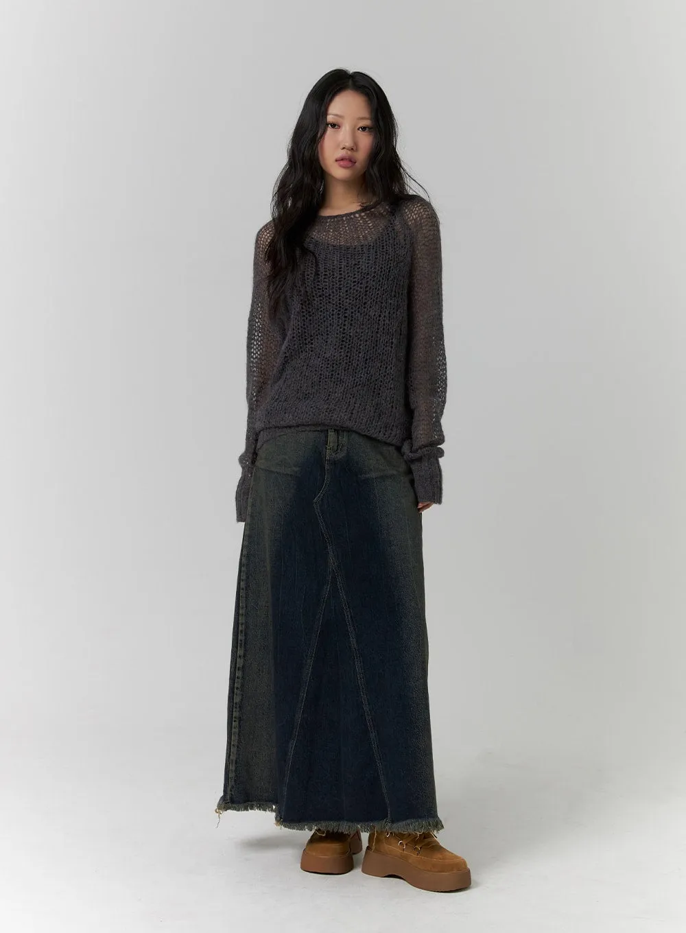 Washed Denim Maxi Skirt CD318