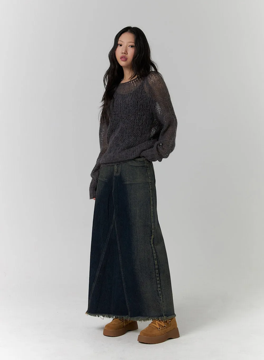 Washed Denim Maxi Skirt CD318