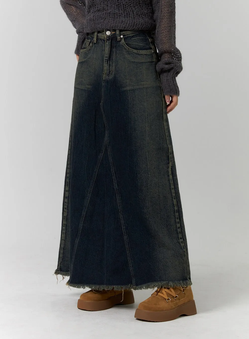 Washed Denim Maxi Skirt CD318