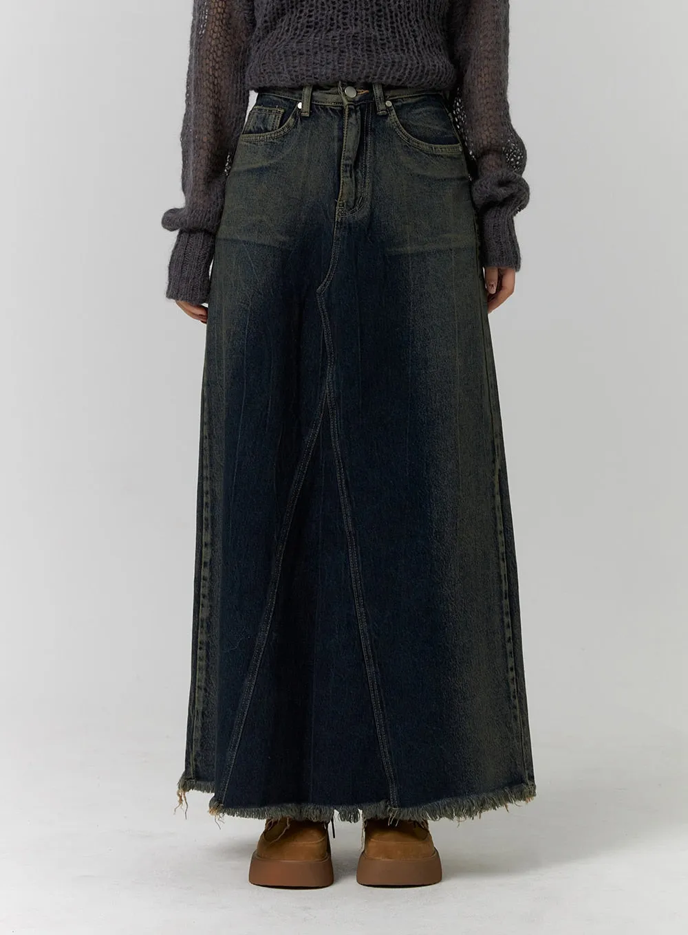 Washed Denim Maxi Skirt CD318