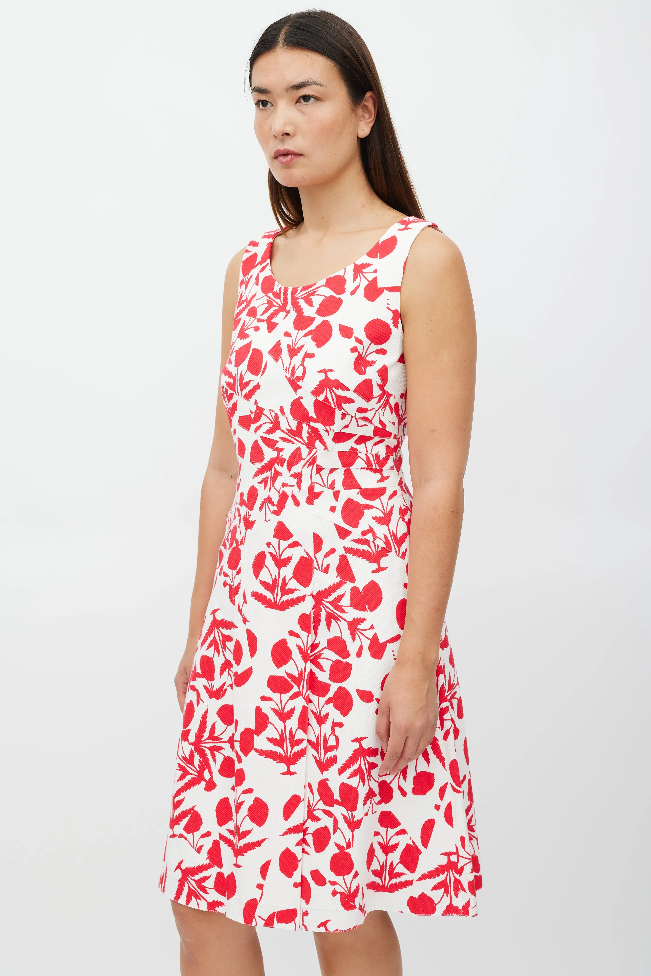 White & Red Asymmetrical Floral Panelled Dress