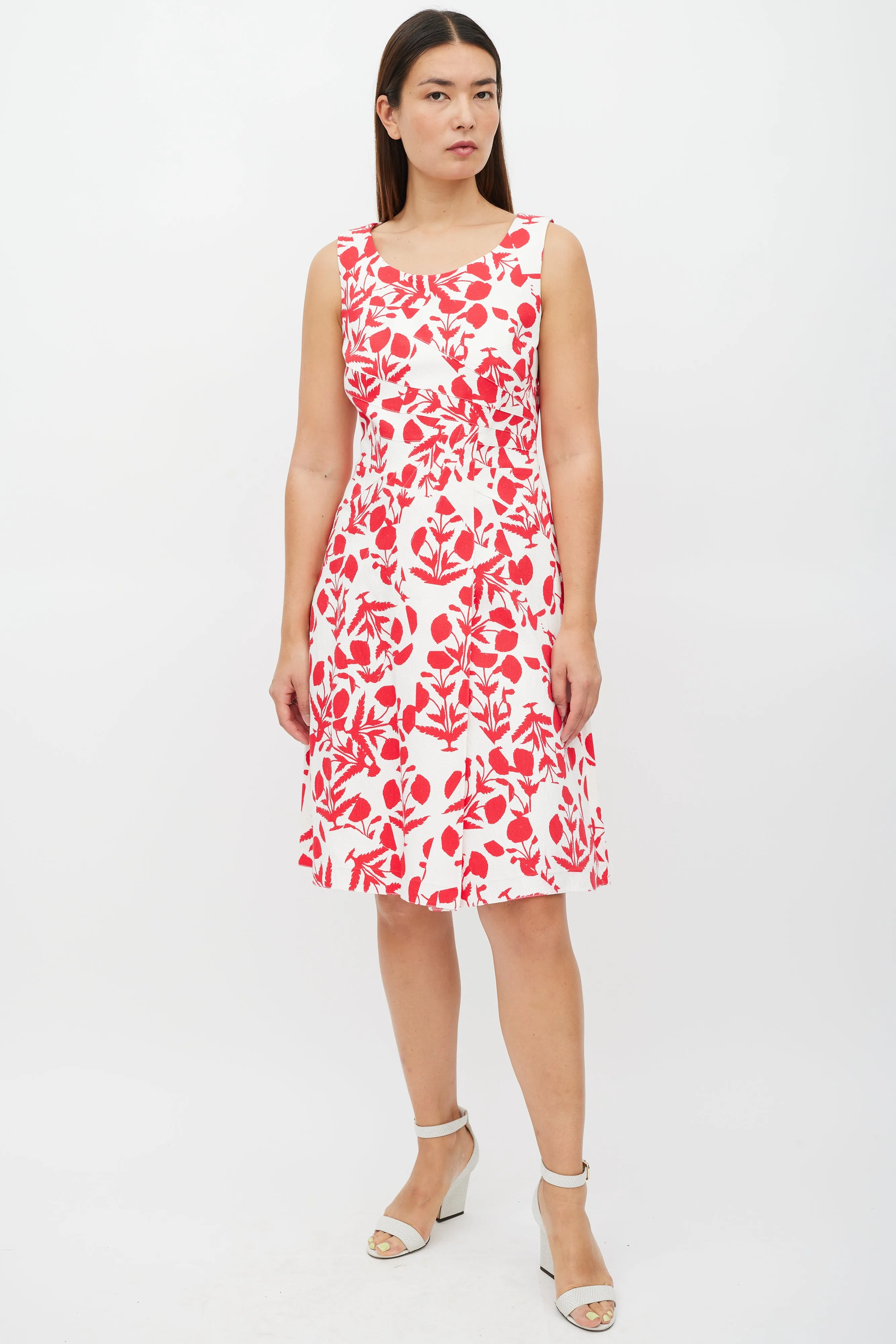 White & Red Asymmetrical Floral Panelled Dress