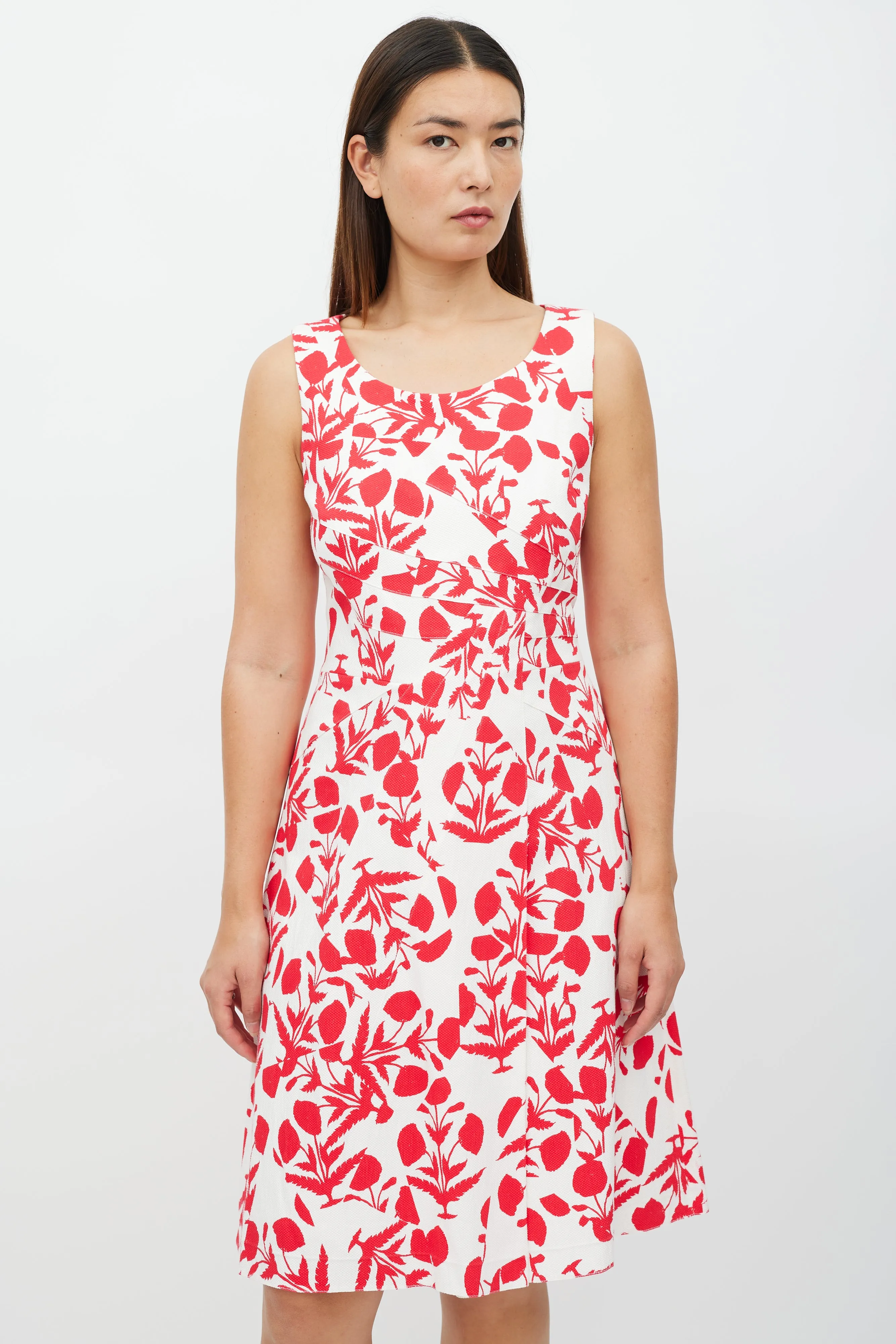 White & Red Asymmetrical Floral Panelled Dress