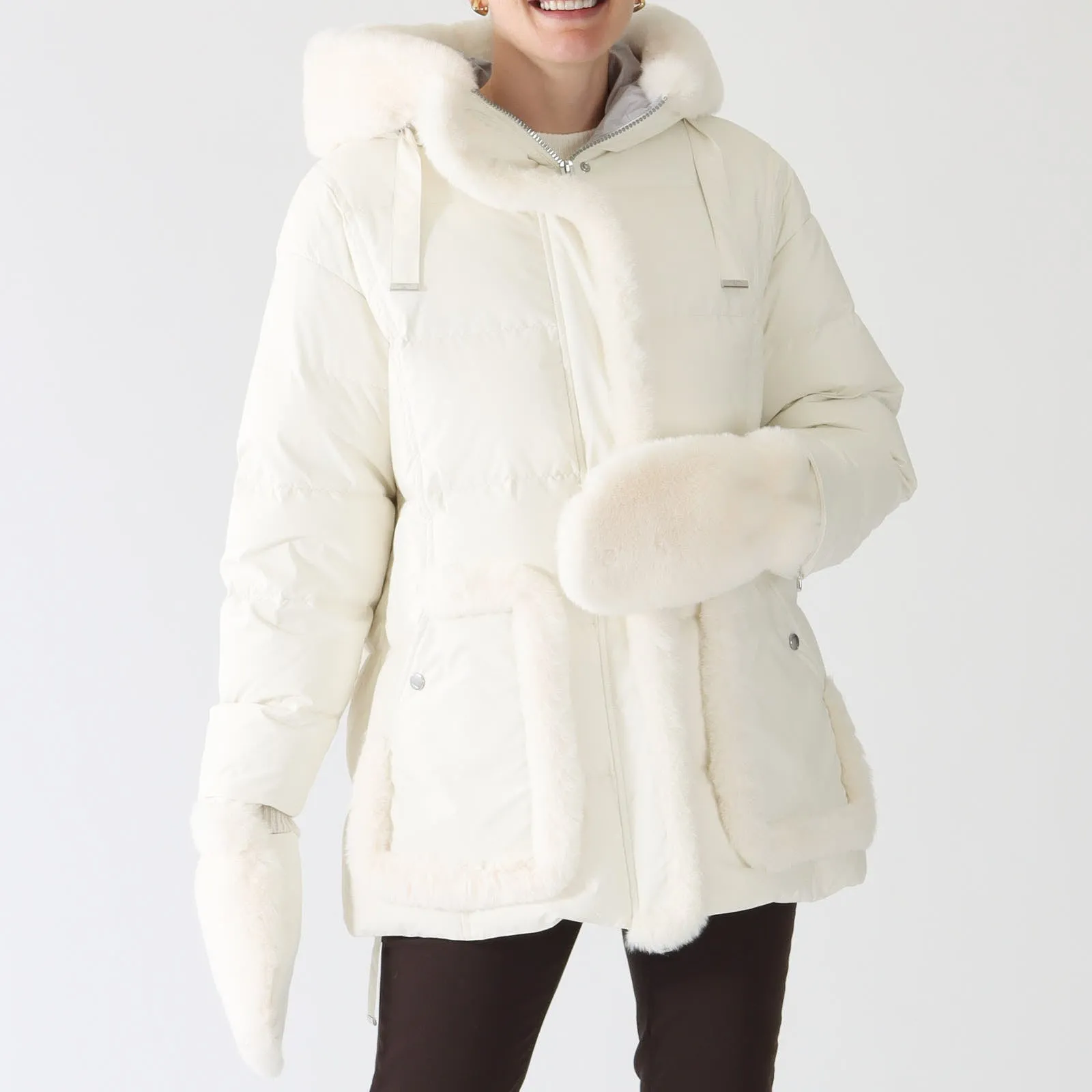 White Down Fur Trimmed Hooded Coat