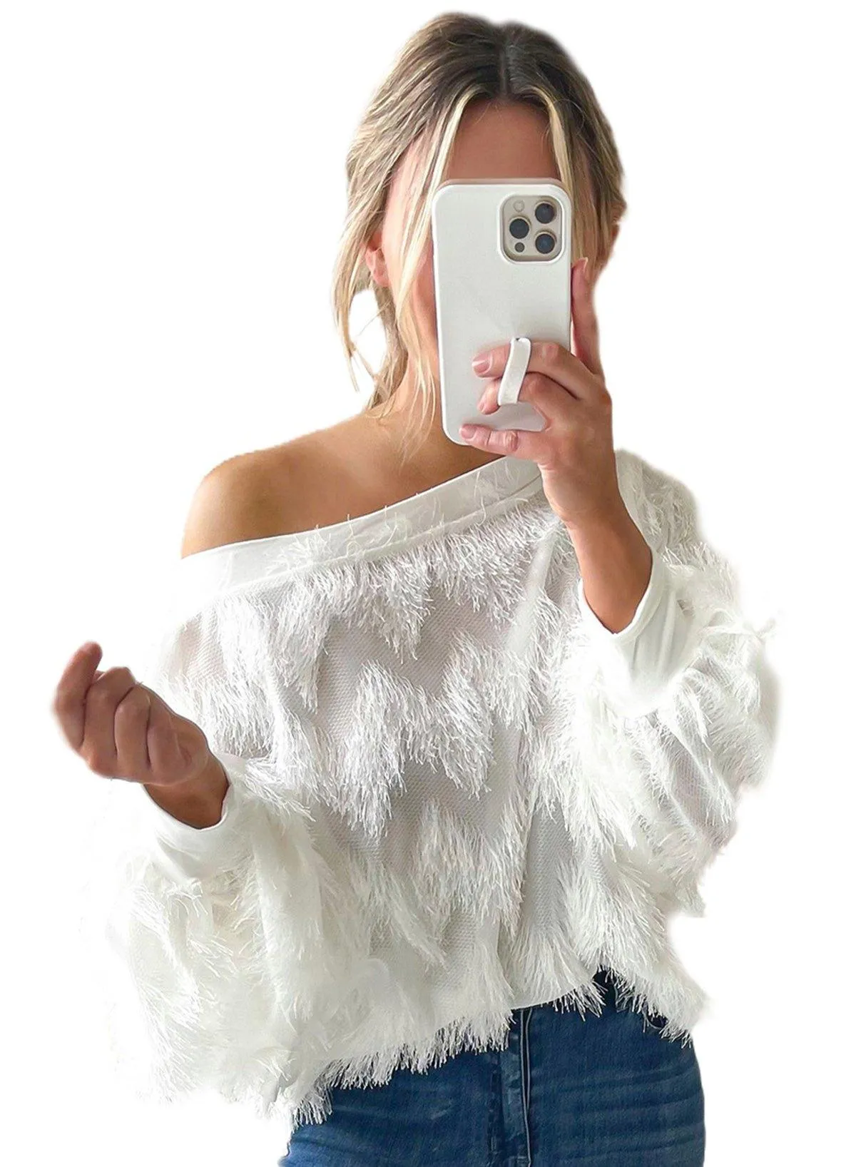 White Fringy Zigzag Sweater