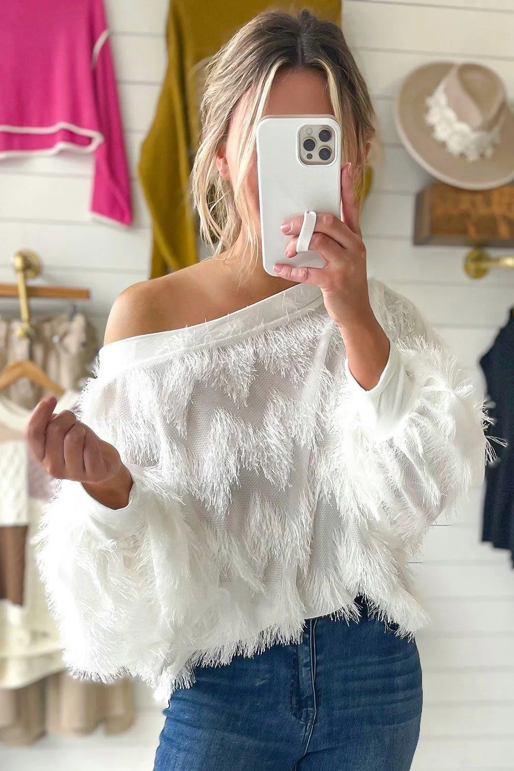 White Fringy Zigzag Sweater