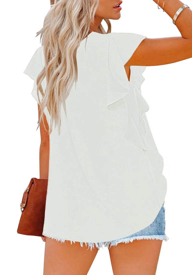 White Short Ruffle Sleeves Crew Neck Pleated Loose Top