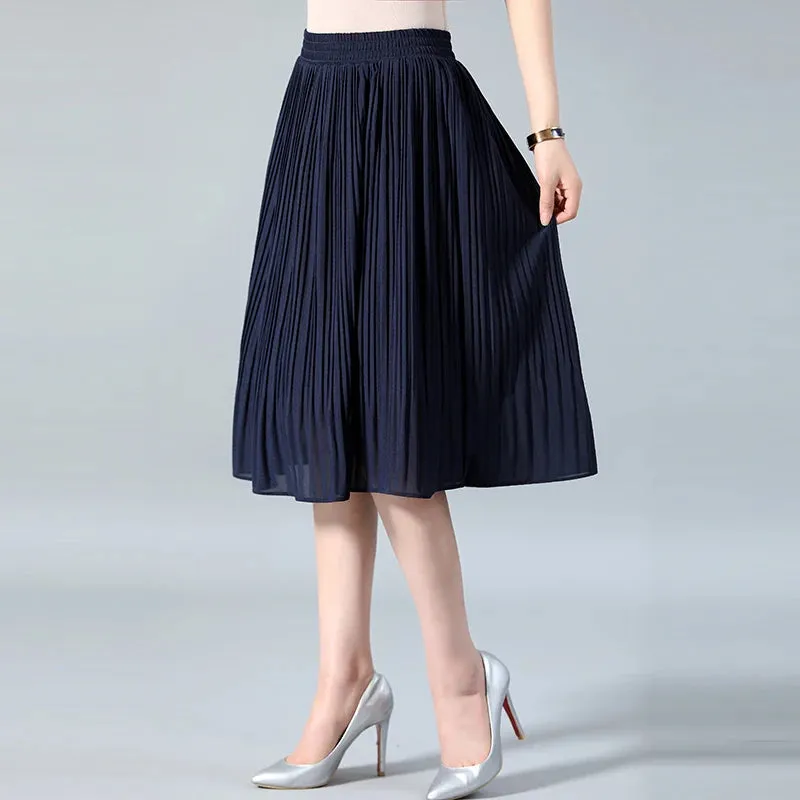 Women Chiffon Skirt Summer Thin Solid Pleated Skirts Womens Saias Midi Faldas Vintage Women Midi Skirt