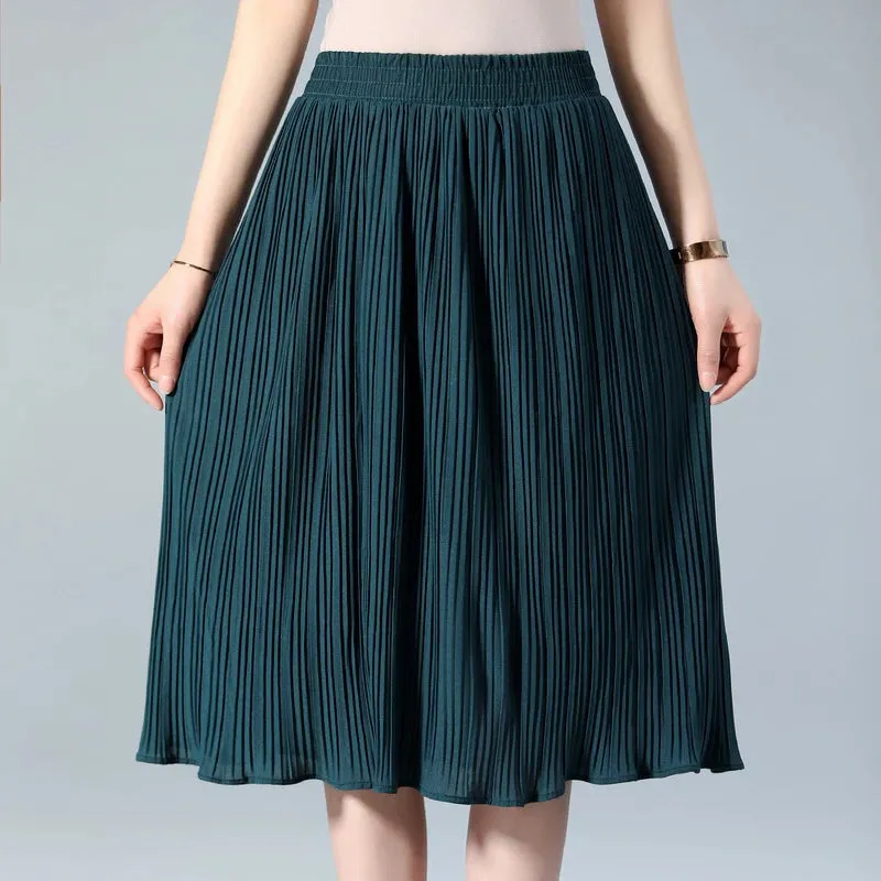 Women Chiffon Skirt Summer Thin Solid Pleated Skirts Womens Saias Midi Faldas Vintage Women Midi Skirt