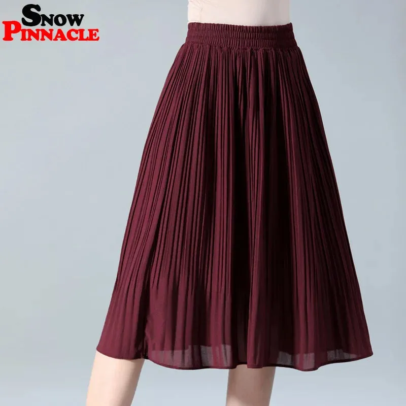 Women Chiffon Skirt Summer Thin Solid Pleated Skirts Womens Saias Midi Faldas Vintage Women Midi Skirt