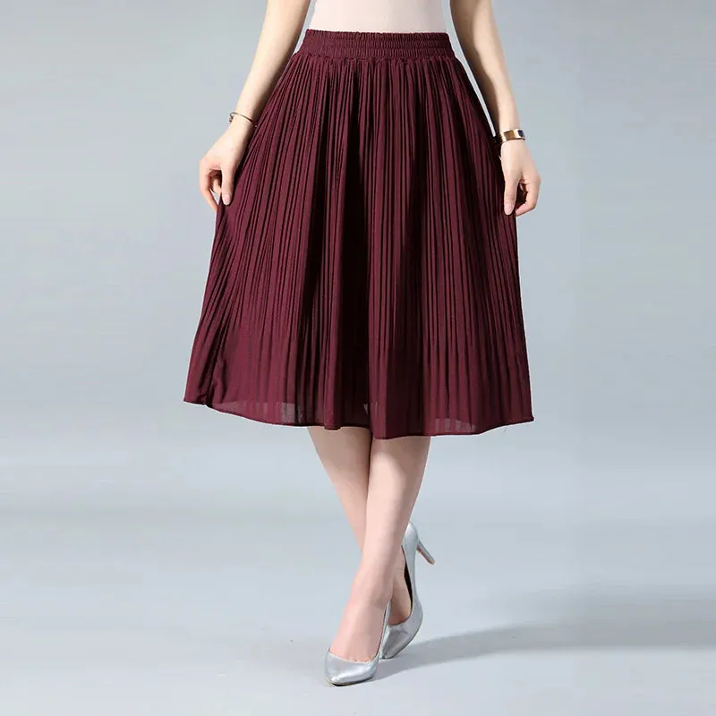 Women Chiffon Skirt Summer Thin Solid Pleated Skirts Womens Saias Midi Faldas Vintage Women Midi Skirt