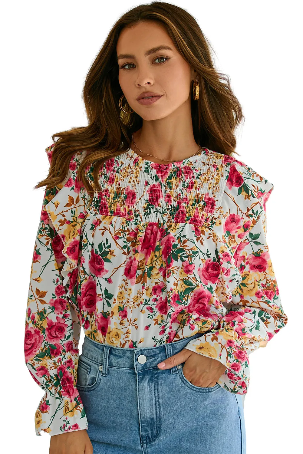 Women Floral Crew Neck Ruffle Sleeve Blouse