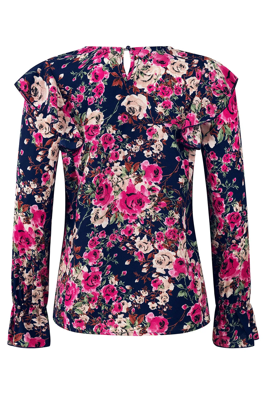 Women Floral Crew Neck Ruffle Sleeve Blouse