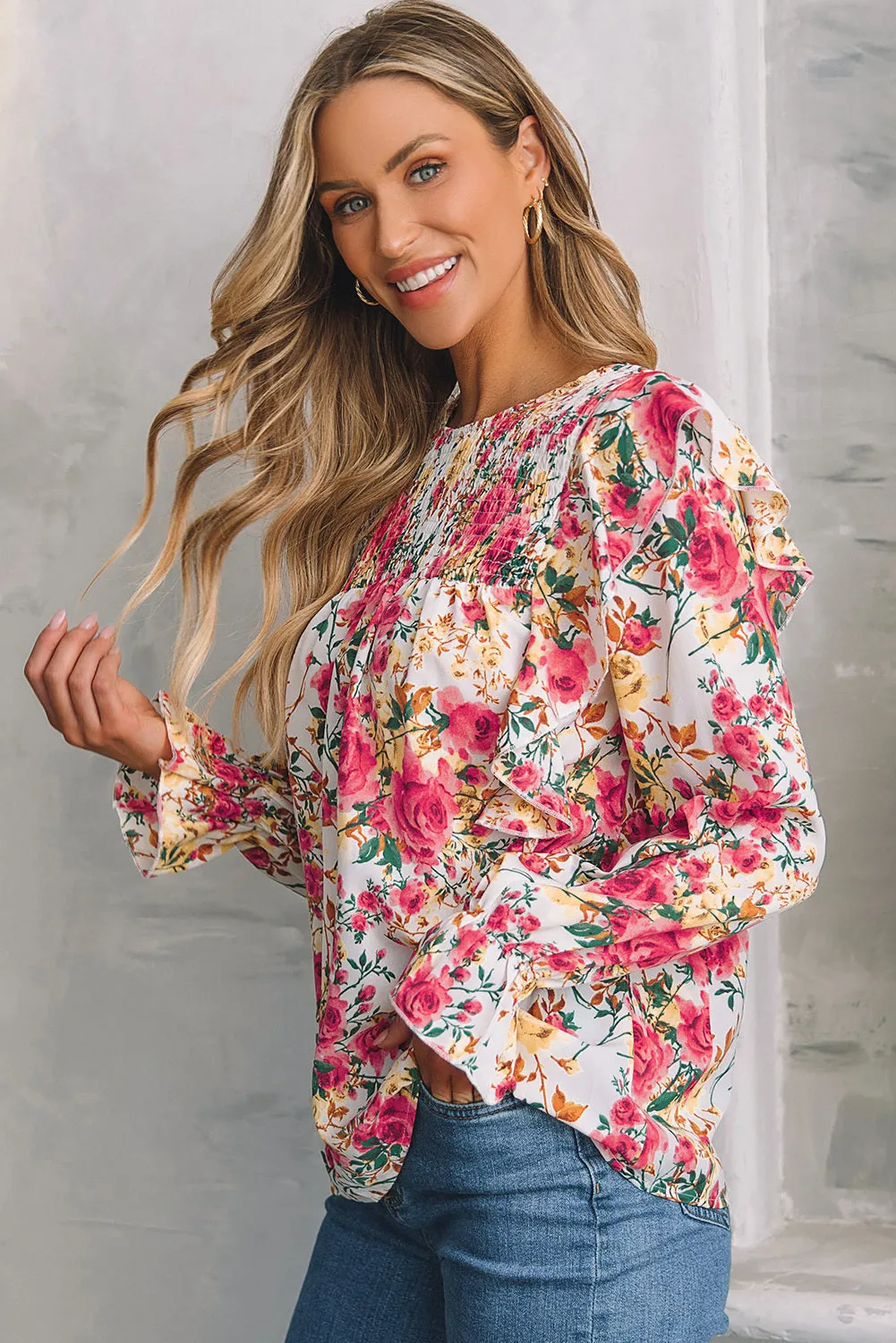 Women Floral Crew Neck Ruffle Sleeve Blouse