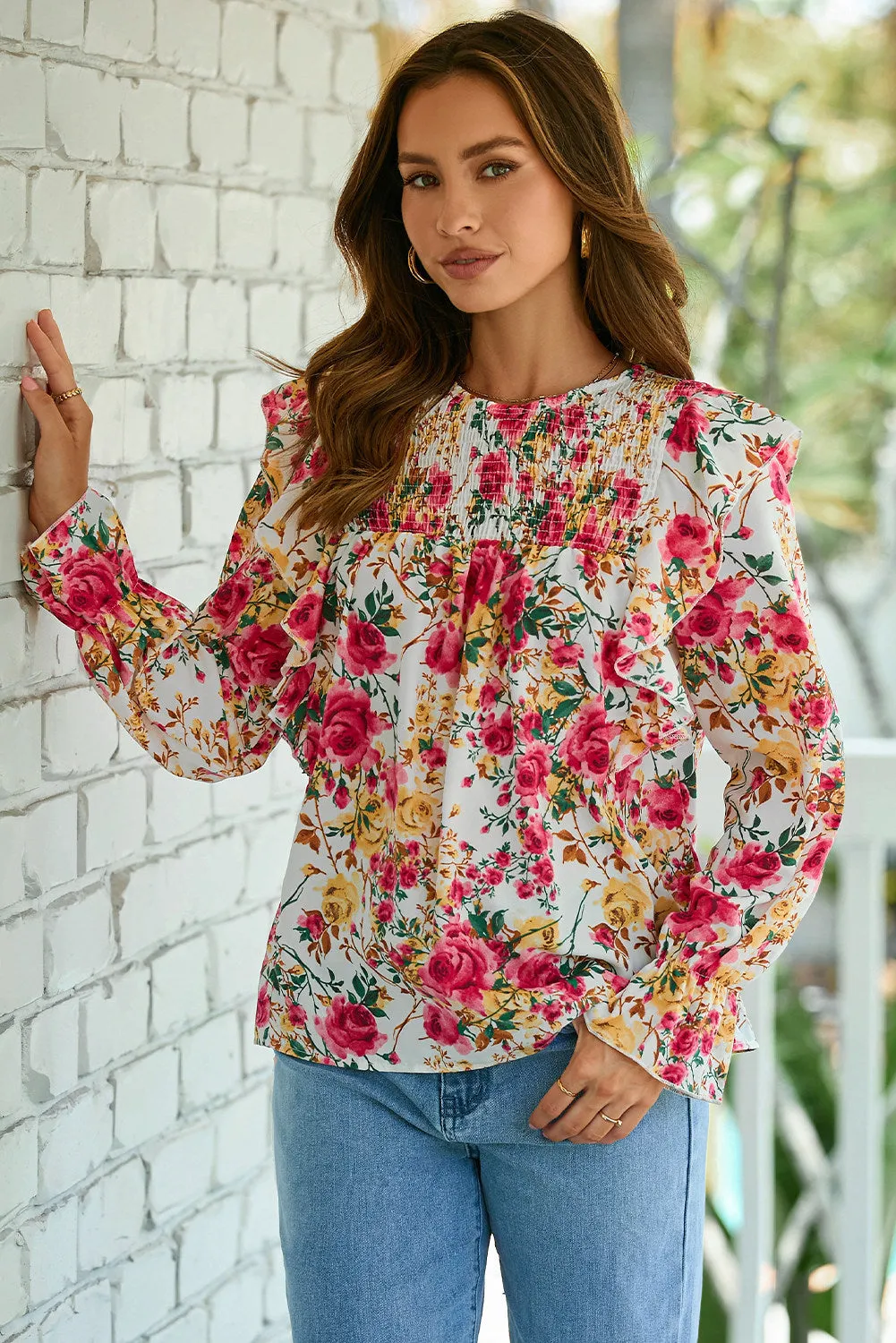 Women Floral Crew Neck Ruffle Sleeve Blouse