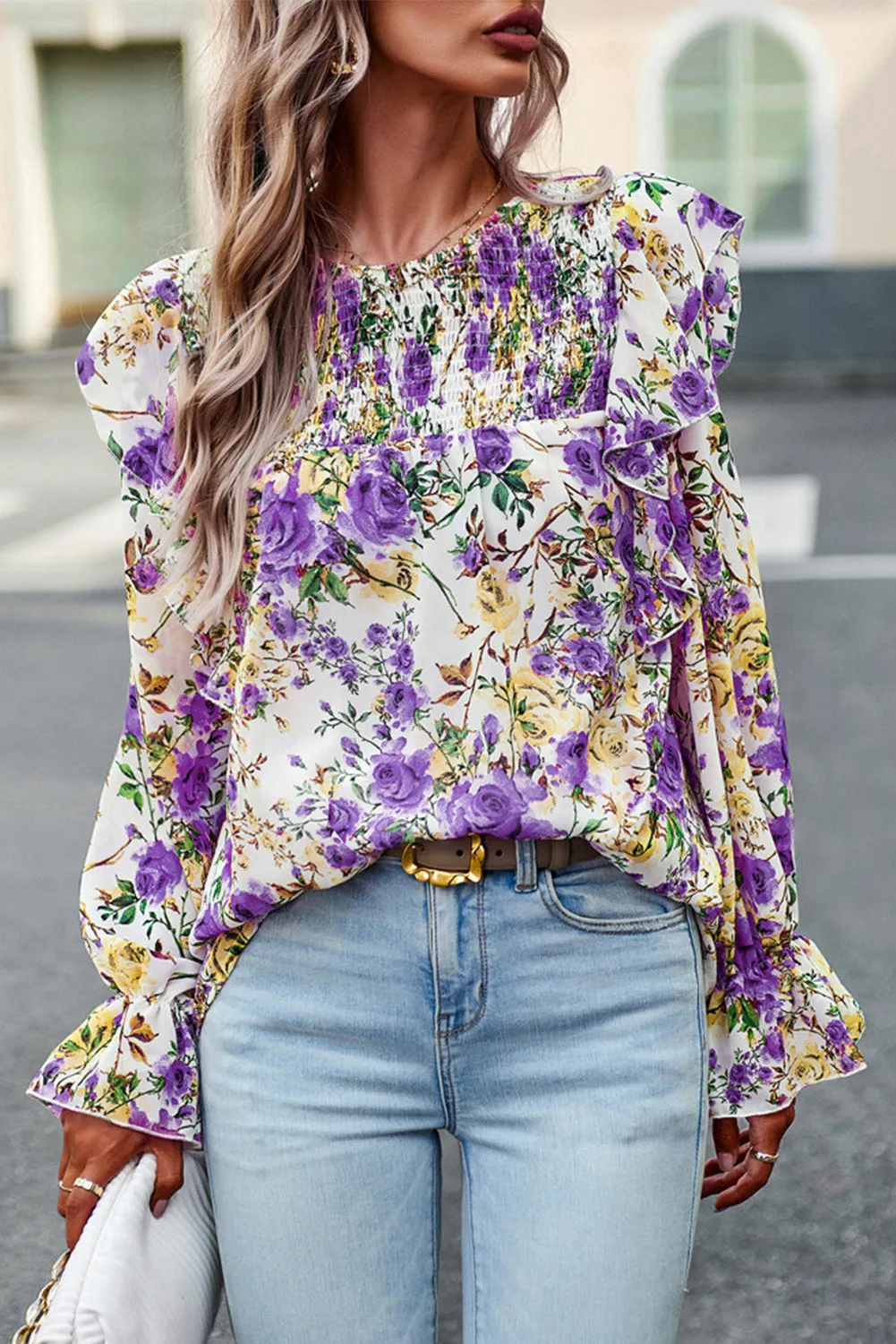 Women Floral Crew Neck Ruffle Sleeve Blouse