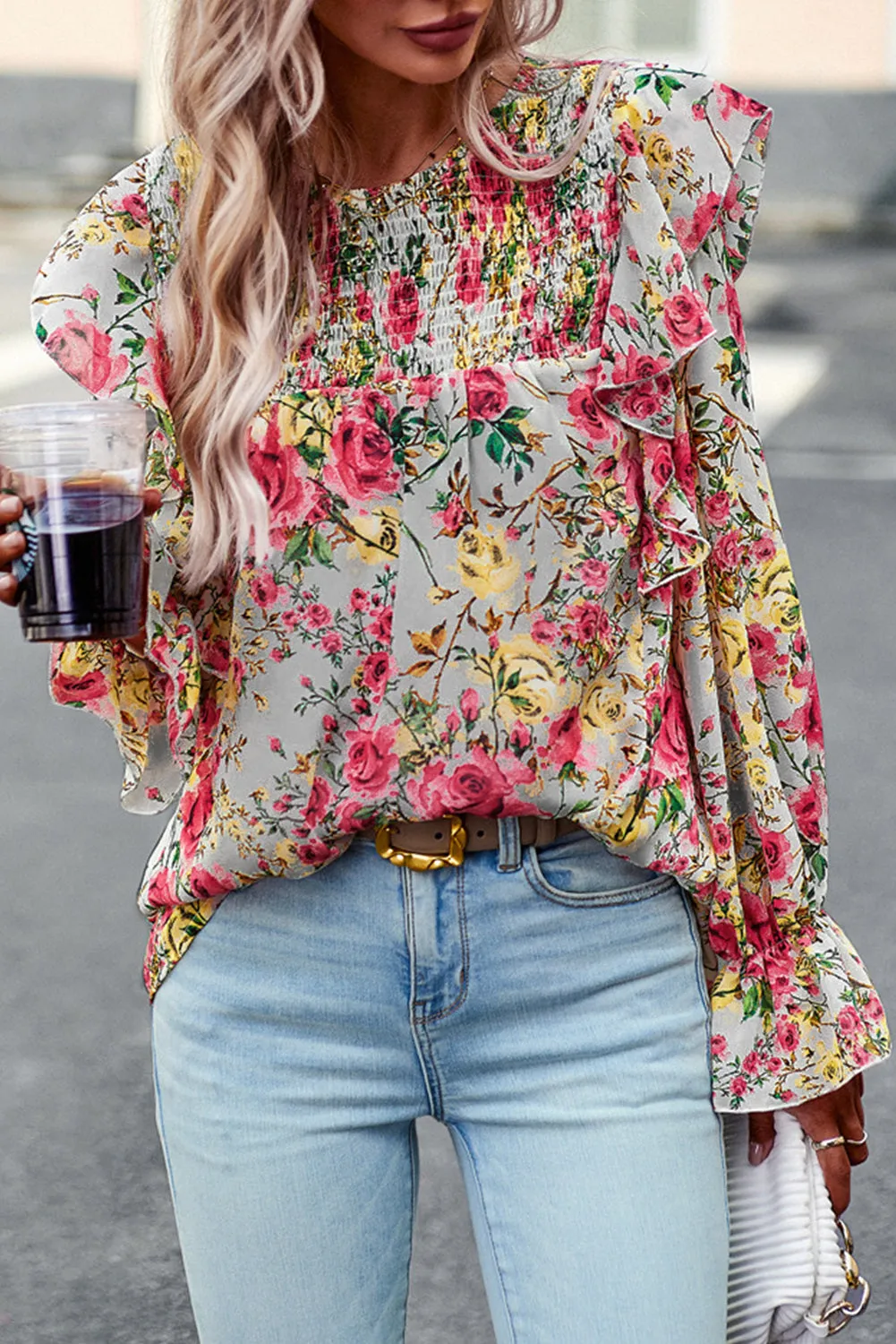 Women Floral Crew Neck Ruffle Sleeve Blouse