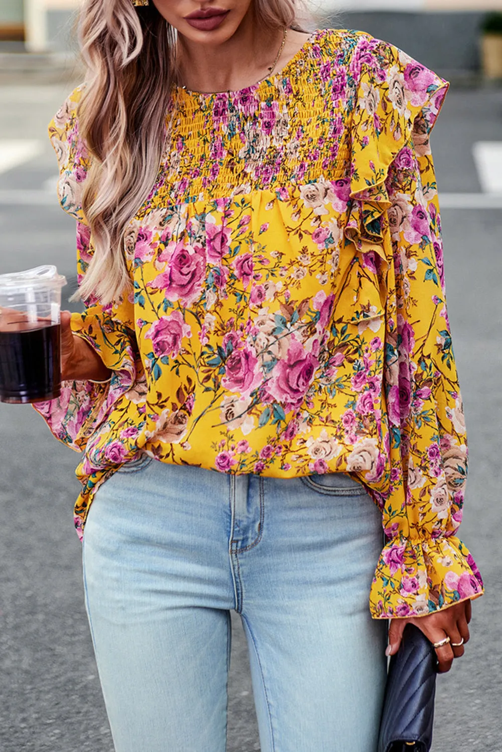 Women Floral Crew Neck Ruffle Sleeve Blouse