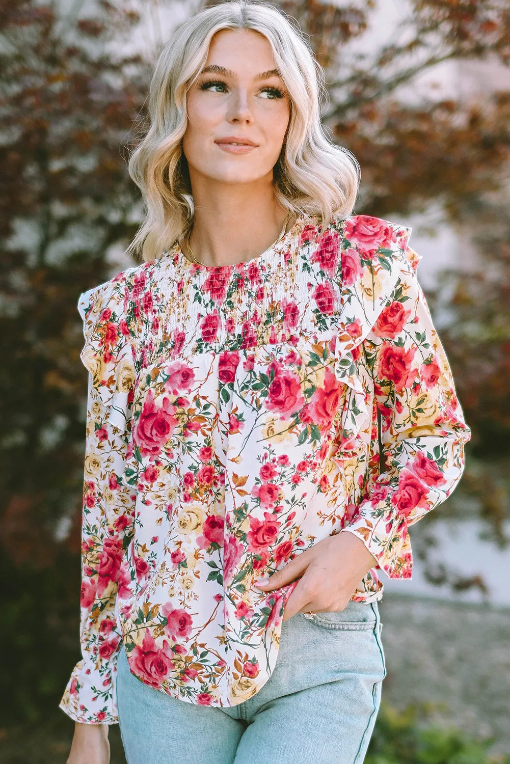 Women Floral Crew Neck Ruffle Sleeve Blouse