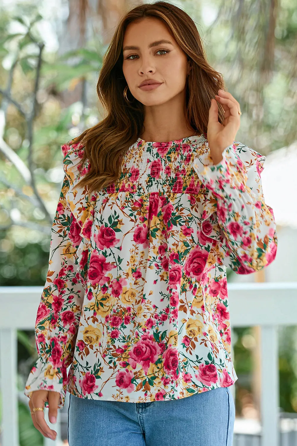 Women Floral Crew Neck Ruffle Sleeve Blouse