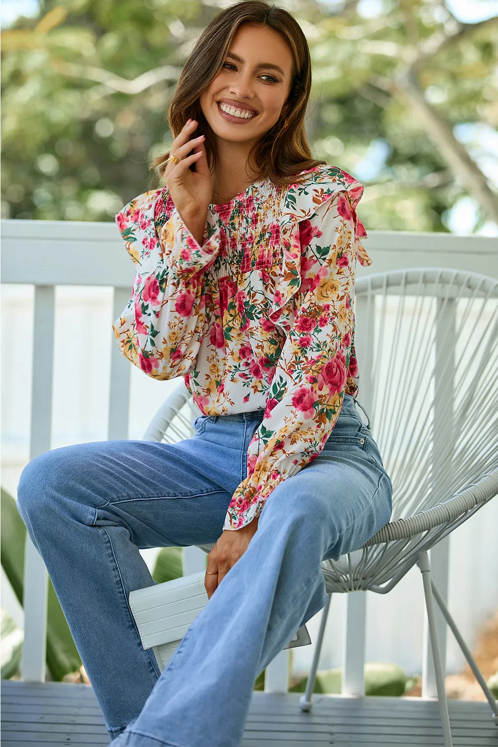 Women Floral Crew Neck Ruffle Sleeve Blouse