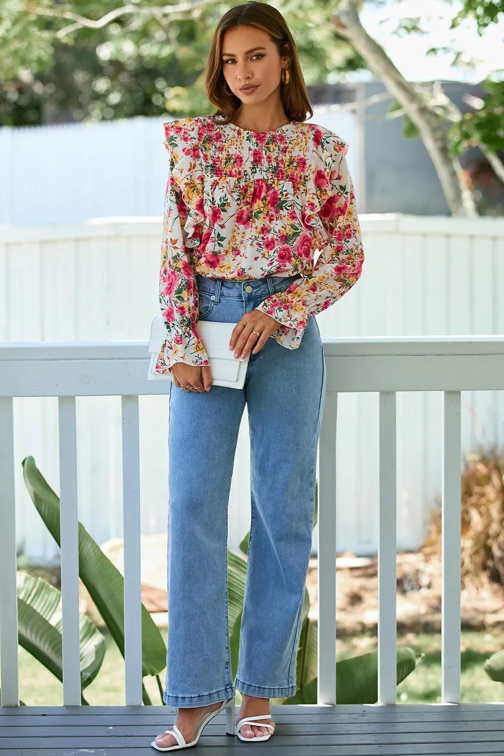 Women Floral Crew Neck Ruffle Sleeve Blouse