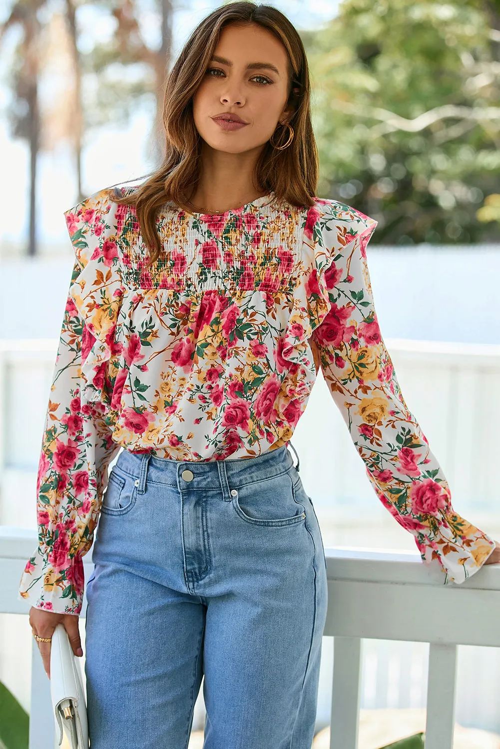 Women Floral Crew Neck Ruffle Sleeve Blouse