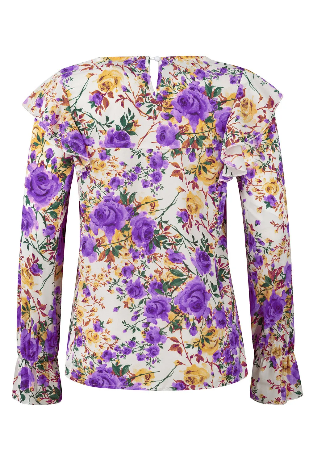 Women Floral Crew Neck Ruffle Sleeve Blouse