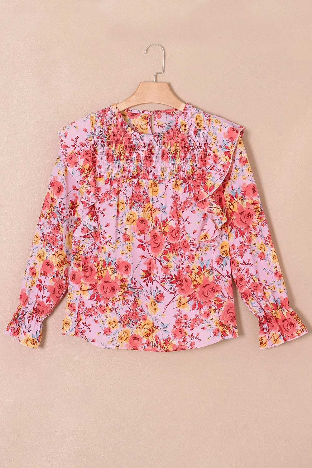 Women Floral Crew Neck Ruffle Sleeve Blouse