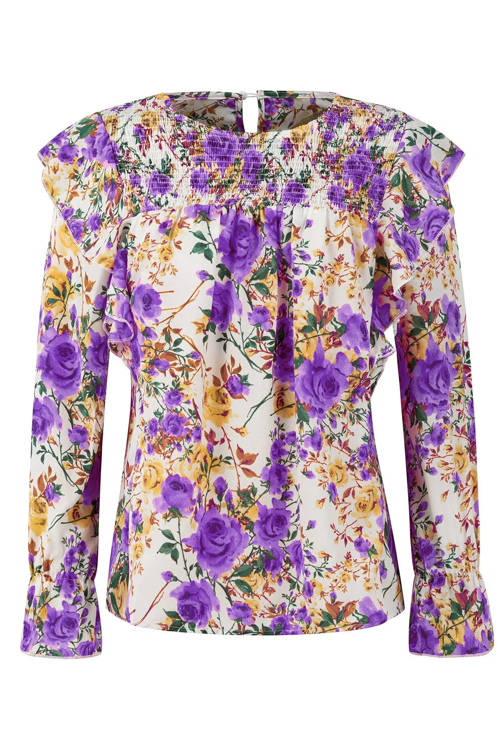 Women Floral Crew Neck Ruffle Sleeve Blouse