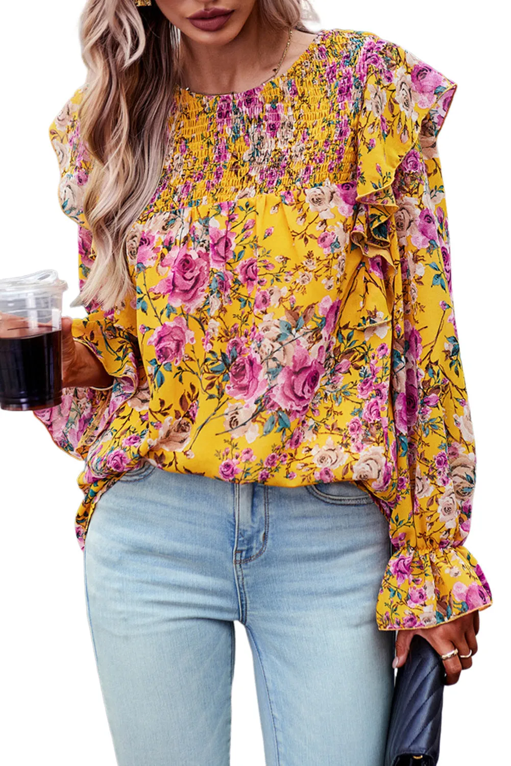 Women Floral Crew Neck Ruffle Sleeve Blouse