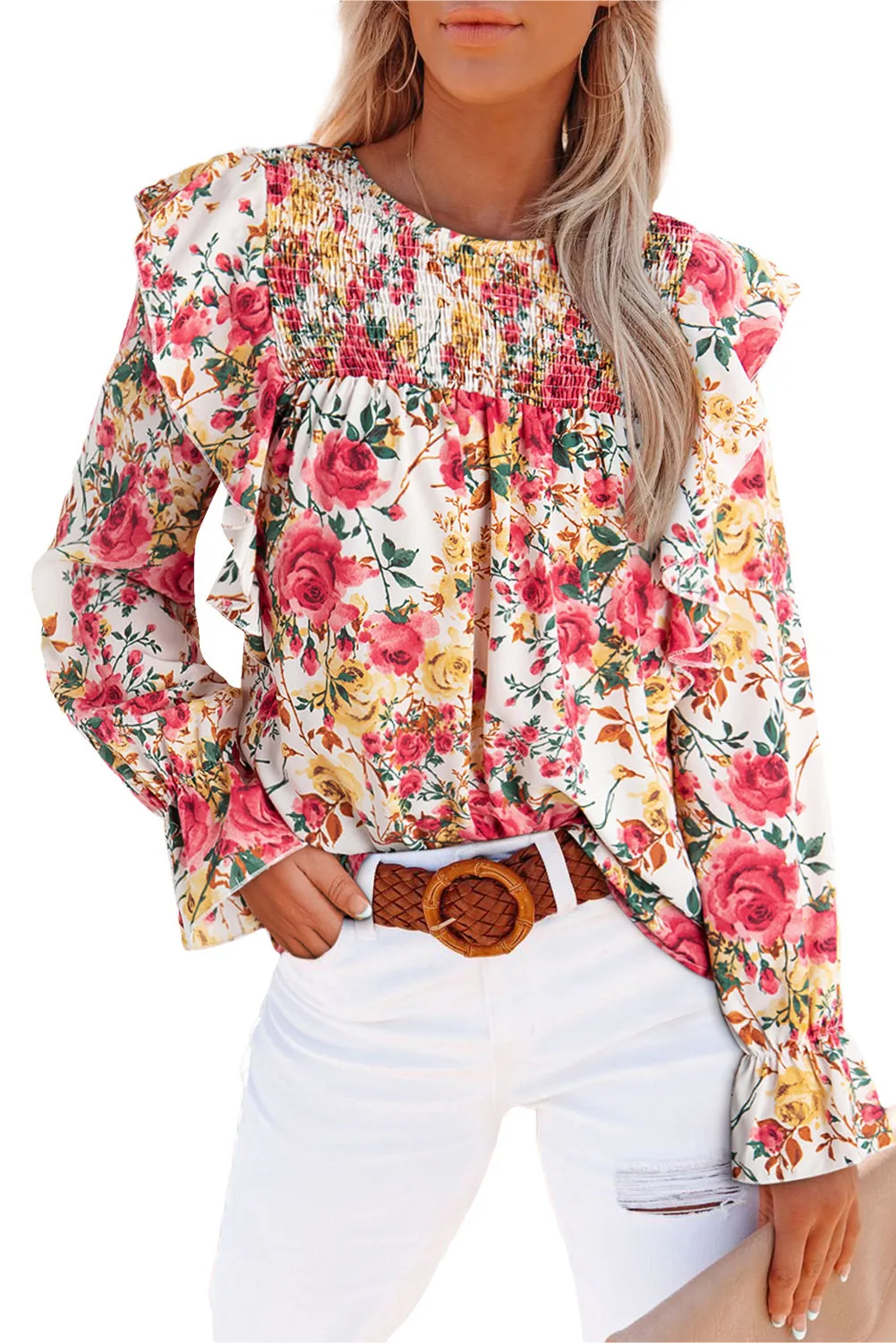 Women Floral Crew Neck Ruffle Sleeve Blouse