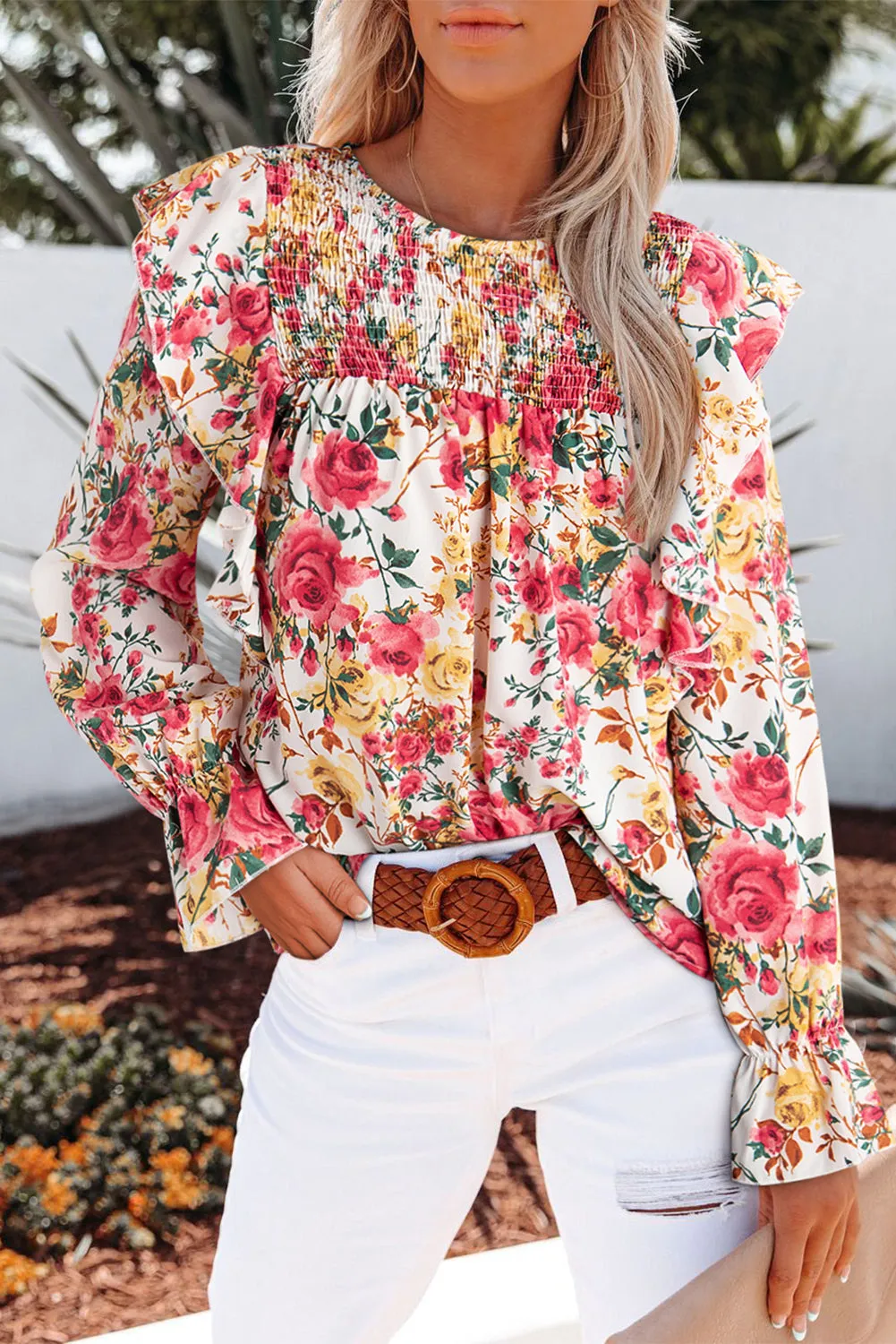 Women Floral Crew Neck Ruffle Sleeve Blouse