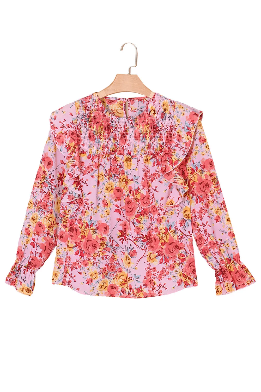 Women Floral Crew Neck Ruffle Sleeve Blouse